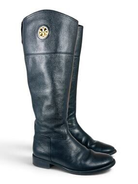 Tory Burch Junction Black Pebbled Leather Riding Boots Gold Medallion Size 6.5